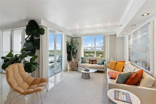 sunroom / solarium featuring plenty of natural light and rail lighting