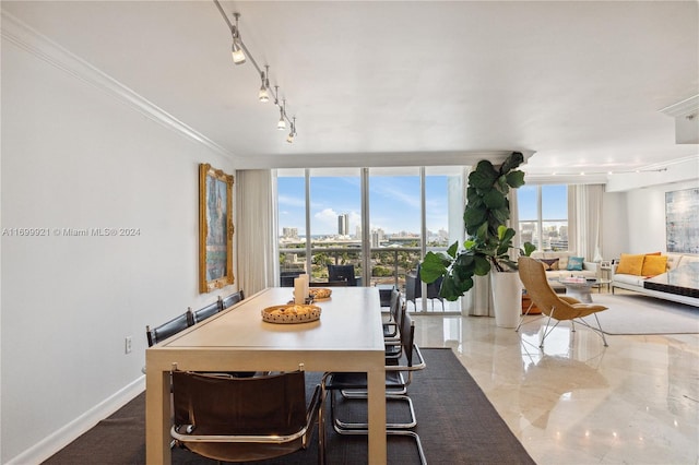 dining space with rail lighting and crown molding