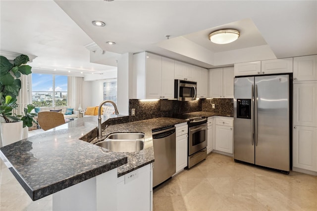 kitchen with white cabinetry, sink, kitchen peninsula, and stainless steel appliances