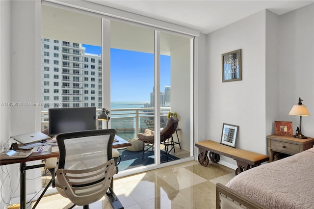 bedroom with expansive windows and access to exterior