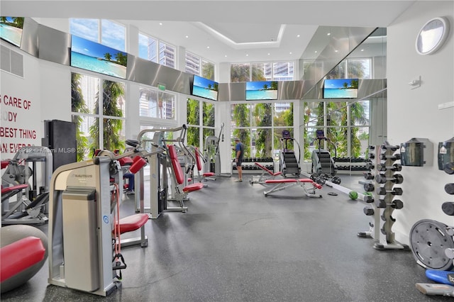 gym featuring a towering ceiling and a raised ceiling