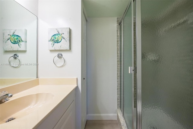 bathroom with vanity and a shower with shower door