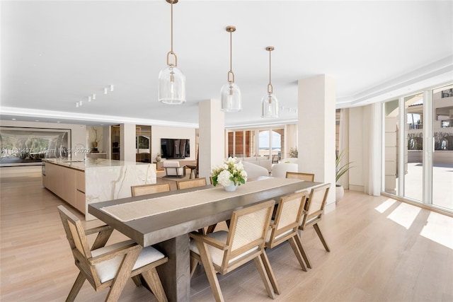 dining area with sink and light hardwood / wood-style flooring