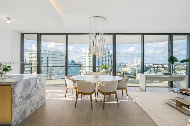 dining space with expansive windows, a chandelier, and light hardwood / wood-style flooring