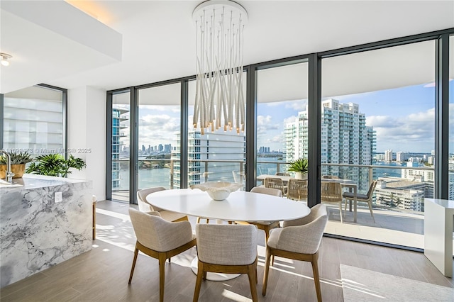 dining space featuring a water view, a wall of windows, and light hardwood / wood-style flooring