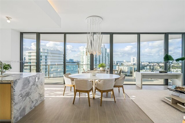 500 Alton Unit 2405/06, Miami Beach, FL 33139 - dining room featuring a wall of windows, a view of city, and wood finished floors