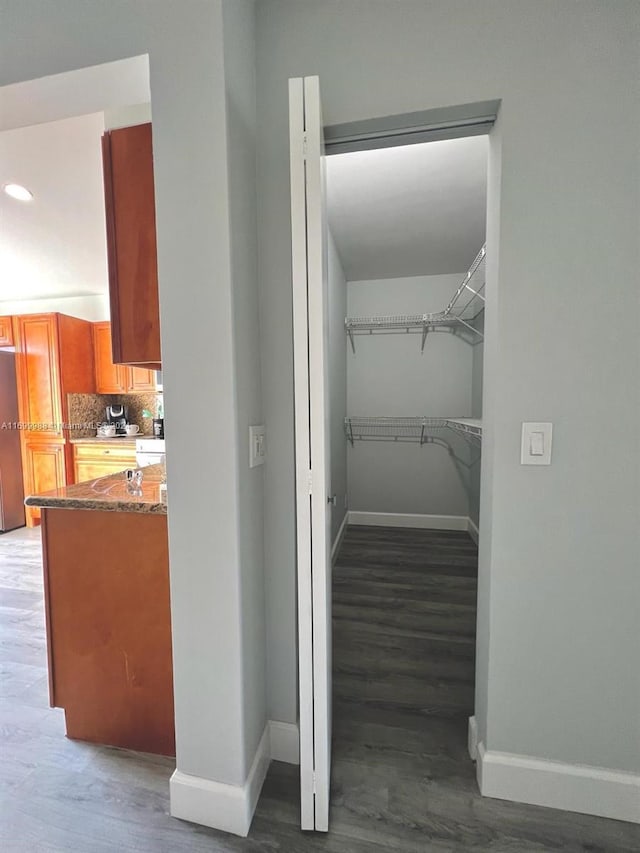 spacious closet featuring dark hardwood / wood-style floors