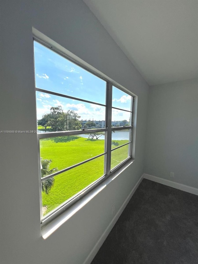 carpeted spare room with a water view