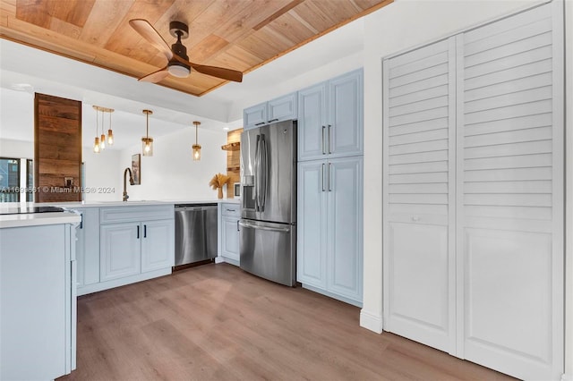 kitchen with stainless steel appliances, ceiling fan, sink, decorative light fixtures, and wooden ceiling