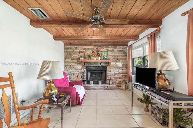 tiled living room featuring beam ceiling, visible vents, a fireplace, and wood ceiling