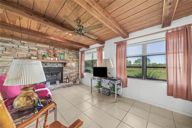 living room featuring tile patterned floors, beamed ceiling, wood ceiling, and a stone fireplace