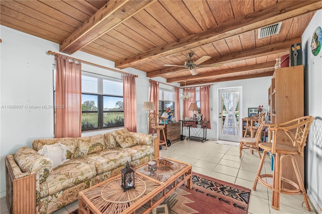 living area with light tile patterned flooring, wood ceiling, visible vents, and a healthy amount of sunlight