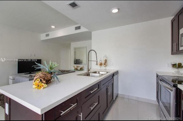 kitchen with kitchen peninsula, sink, dark brown cabinets, and appliances with stainless steel finishes