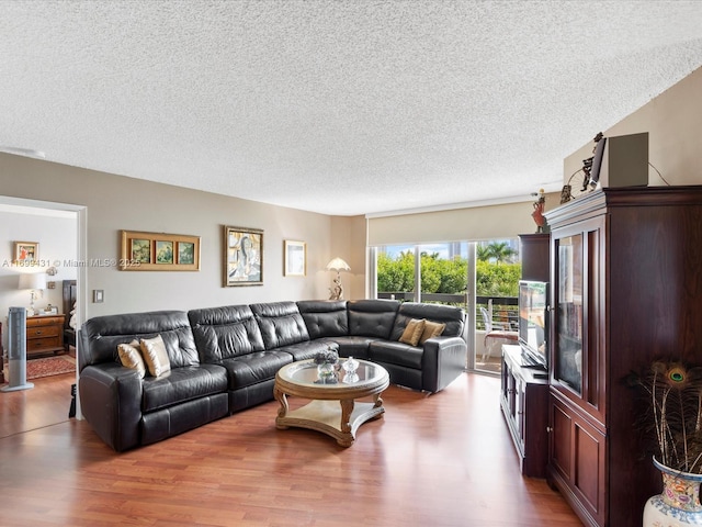 living room with a textured ceiling and light wood-type flooring