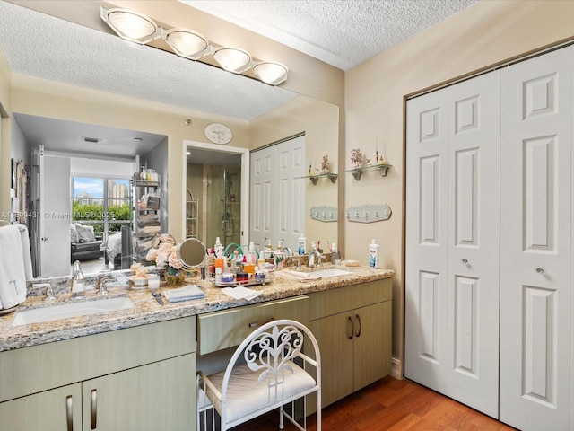 bathroom with vanity, wood-type flooring, and a textured ceiling