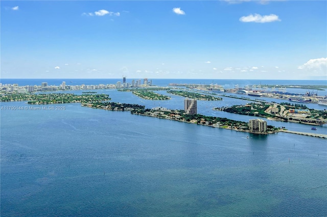 drone / aerial view featuring a water view and a city view