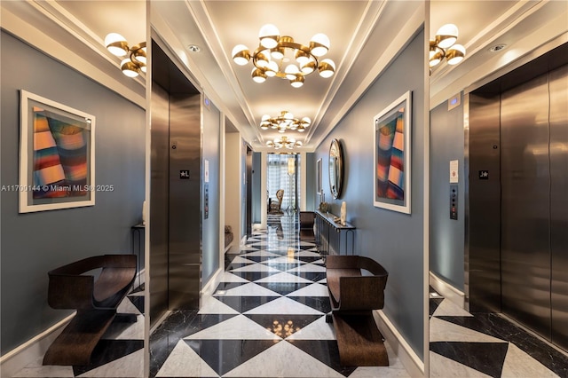 hallway with crown molding, elevator, and a tray ceiling