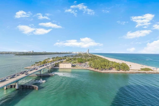 bird's eye view with a water view and a beach view