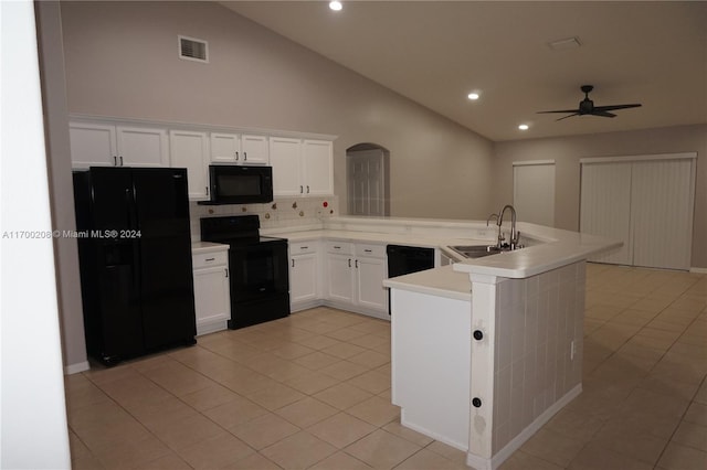 kitchen featuring kitchen peninsula, ceiling fan, sink, black appliances, and white cabinets