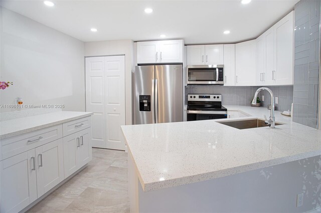 kitchen featuring backsplash, white cabinets, sink, light stone counters, and stainless steel appliances