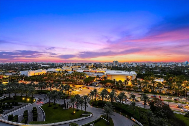 view of aerial view at dusk