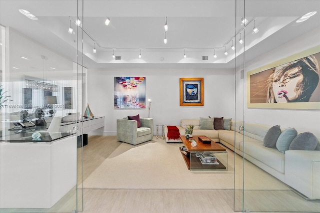 living room with track lighting and light hardwood / wood-style flooring