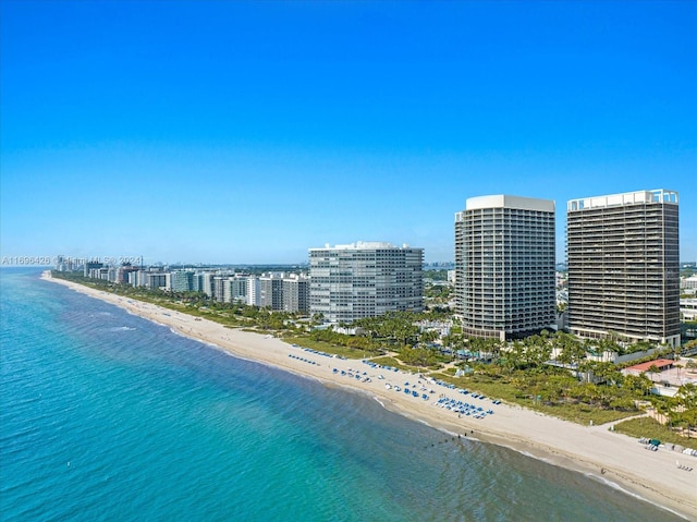 drone / aerial view with a water view and a beach view