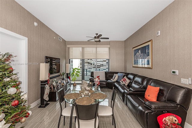 living room with ceiling fan