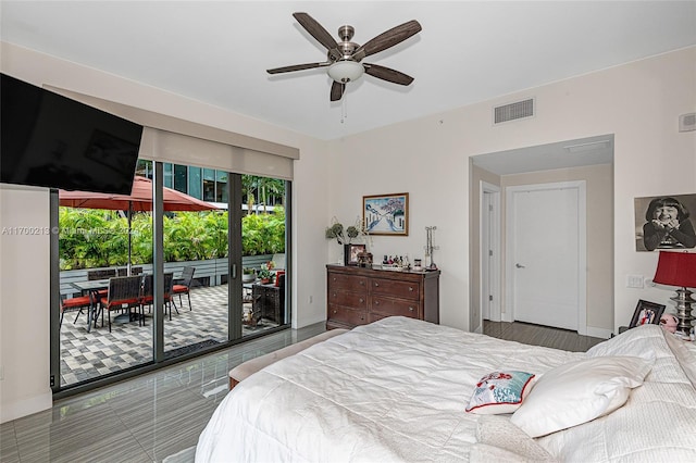 bedroom featuring access to exterior and ceiling fan