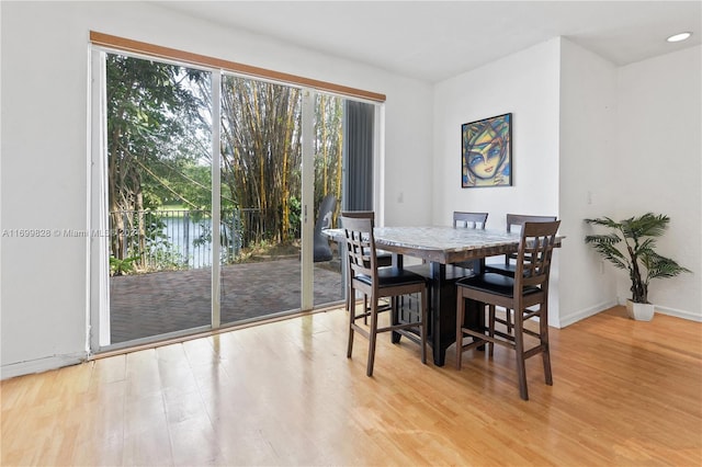 dining room featuring light hardwood / wood-style flooring and a water view