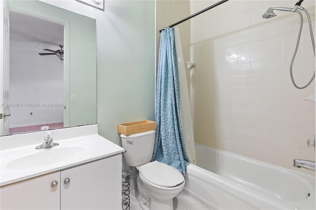 full bathroom featuring shower / tub combo, vanity, ceiling fan, tile patterned flooring, and toilet