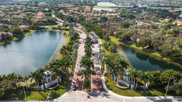 aerial view featuring a water view