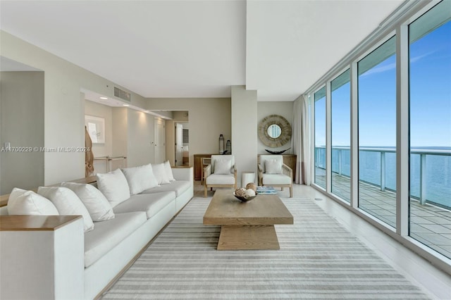 living room featuring a water view and a healthy amount of sunlight