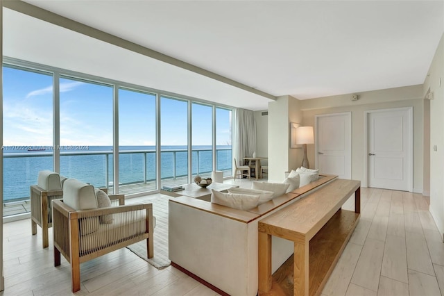 living room with a healthy amount of sunlight, a water view, and light hardwood / wood-style floors