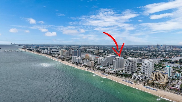 aerial view with a view of the beach and a water view