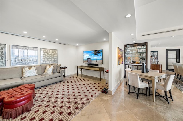 living room with light tile patterned flooring