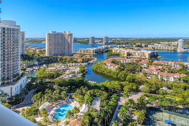 birds eye view of property featuring a water view