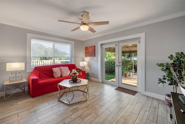 living room featuring crown molding and light hardwood / wood-style floors