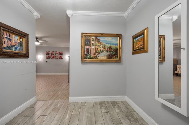 hallway with light hardwood / wood-style floors and crown molding