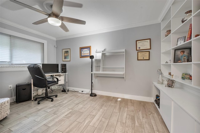 office with light hardwood / wood-style floors, ceiling fan, and ornamental molding