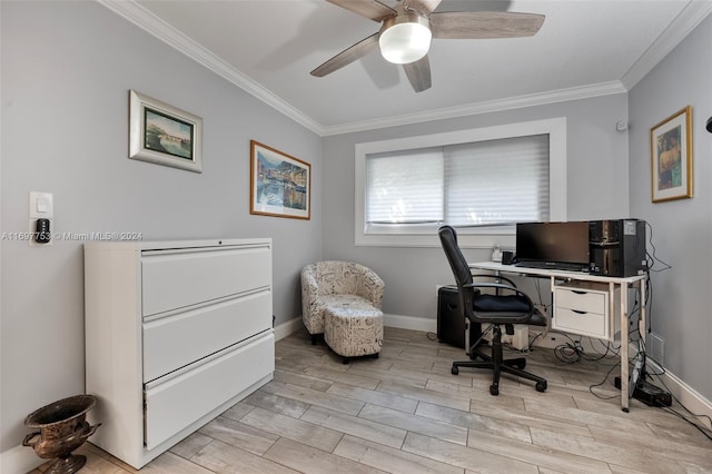 office with light hardwood / wood-style floors, ceiling fan, and crown molding