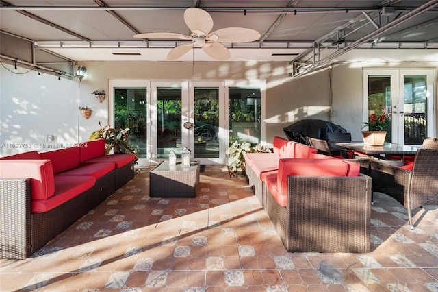 view of patio / terrace featuring outdoor lounge area, ceiling fan, area for grilling, and french doors