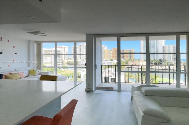 living room featuring wood-type flooring and a wall of windows