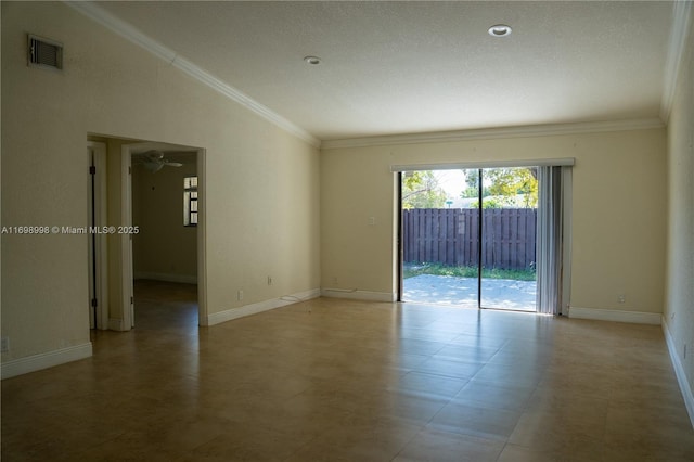 unfurnished room with crown molding, baseboards, and visible vents