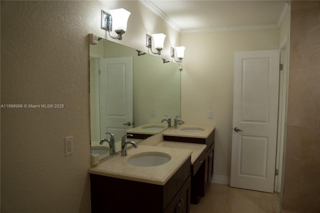 full bath featuring a sink, ornamental molding, and double vanity