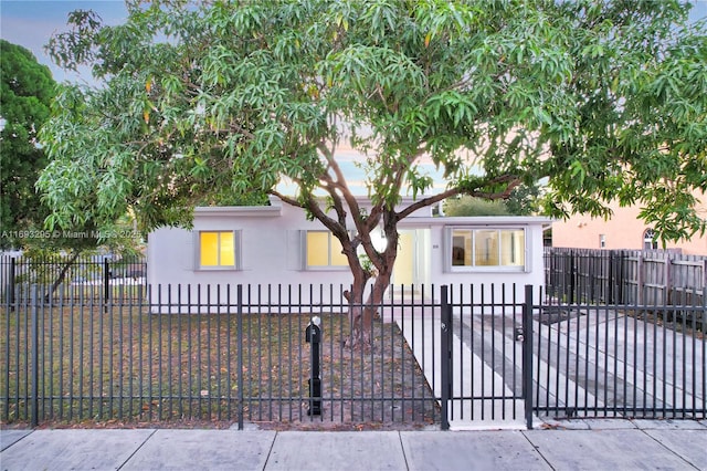 view of front of house with stucco siding, a gate, and a fenced front yard