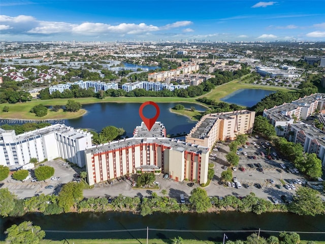 drone / aerial view featuring a water view