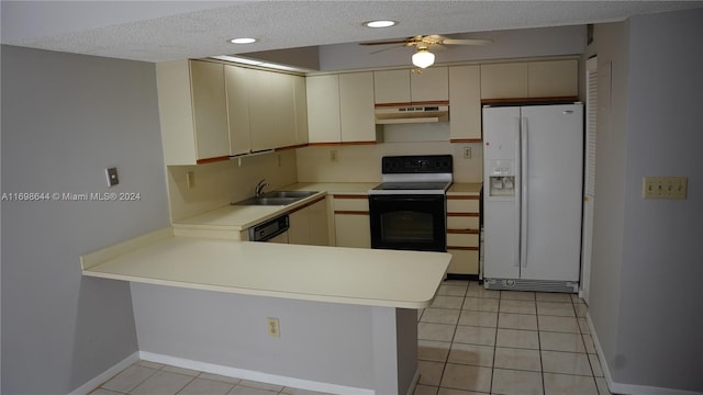 kitchen with white appliances, sink, ceiling fan, a textured ceiling, and kitchen peninsula