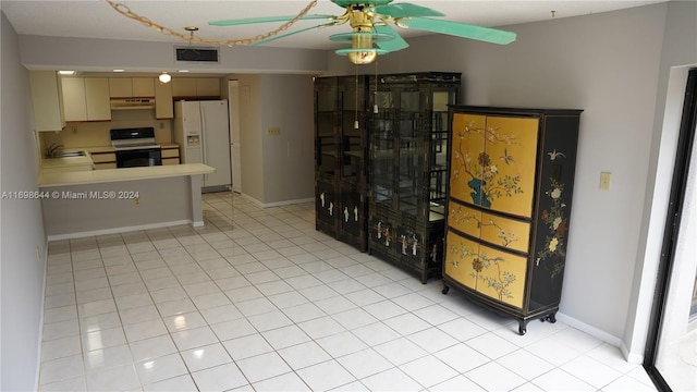 kitchen with white appliances, sink, ceiling fan, light tile patterned flooring, and kitchen peninsula