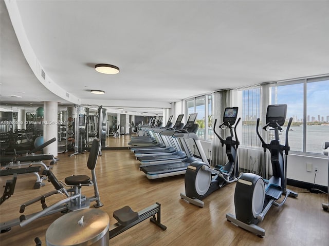 exercise room with wood-type flooring, a water view, and a healthy amount of sunlight